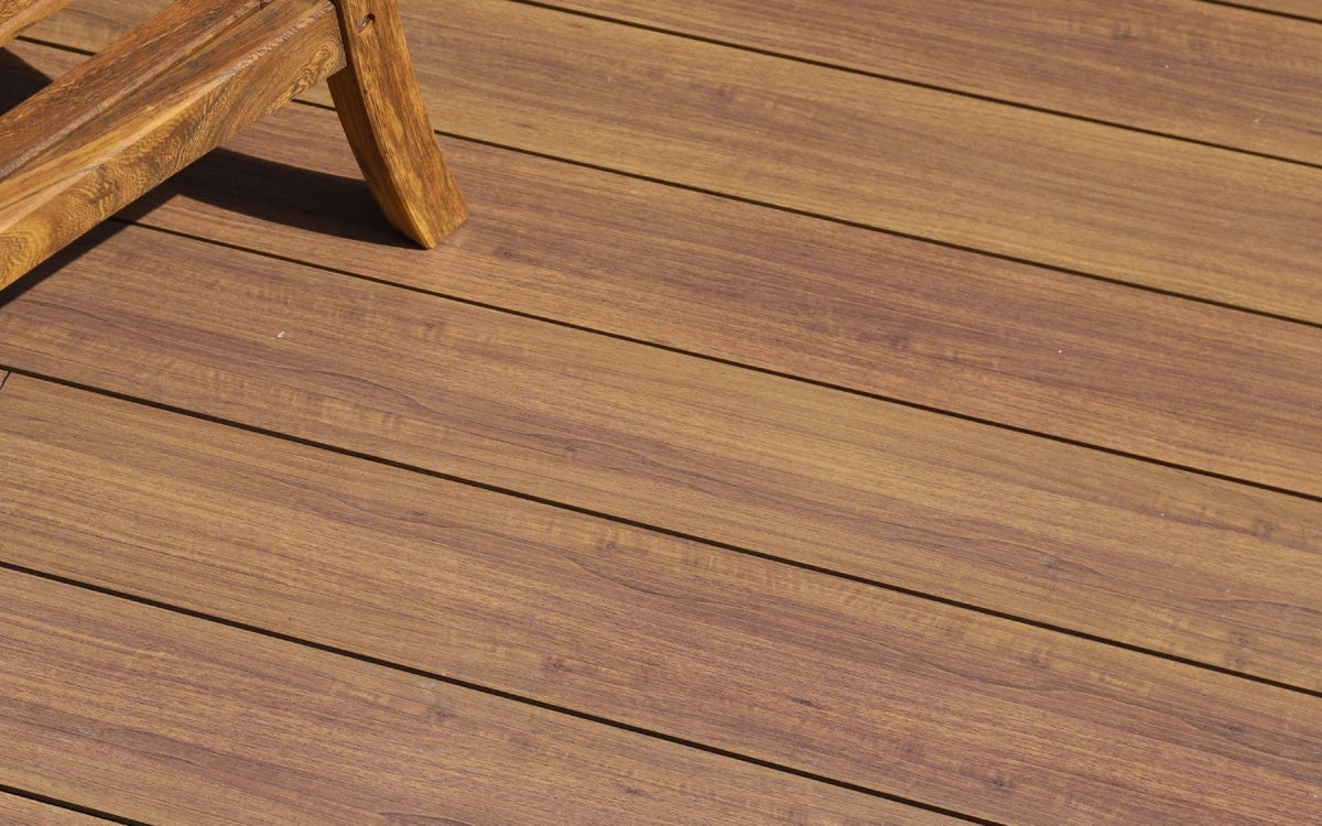 Close-up of a NeoTimber® aluminium deck with a wood-look finish.