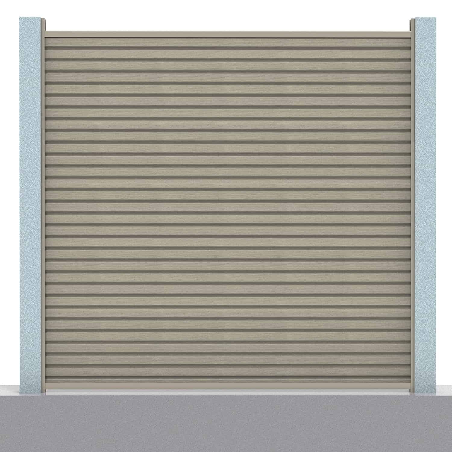 Slatted composite fence panel set in antique with concrete post inserts