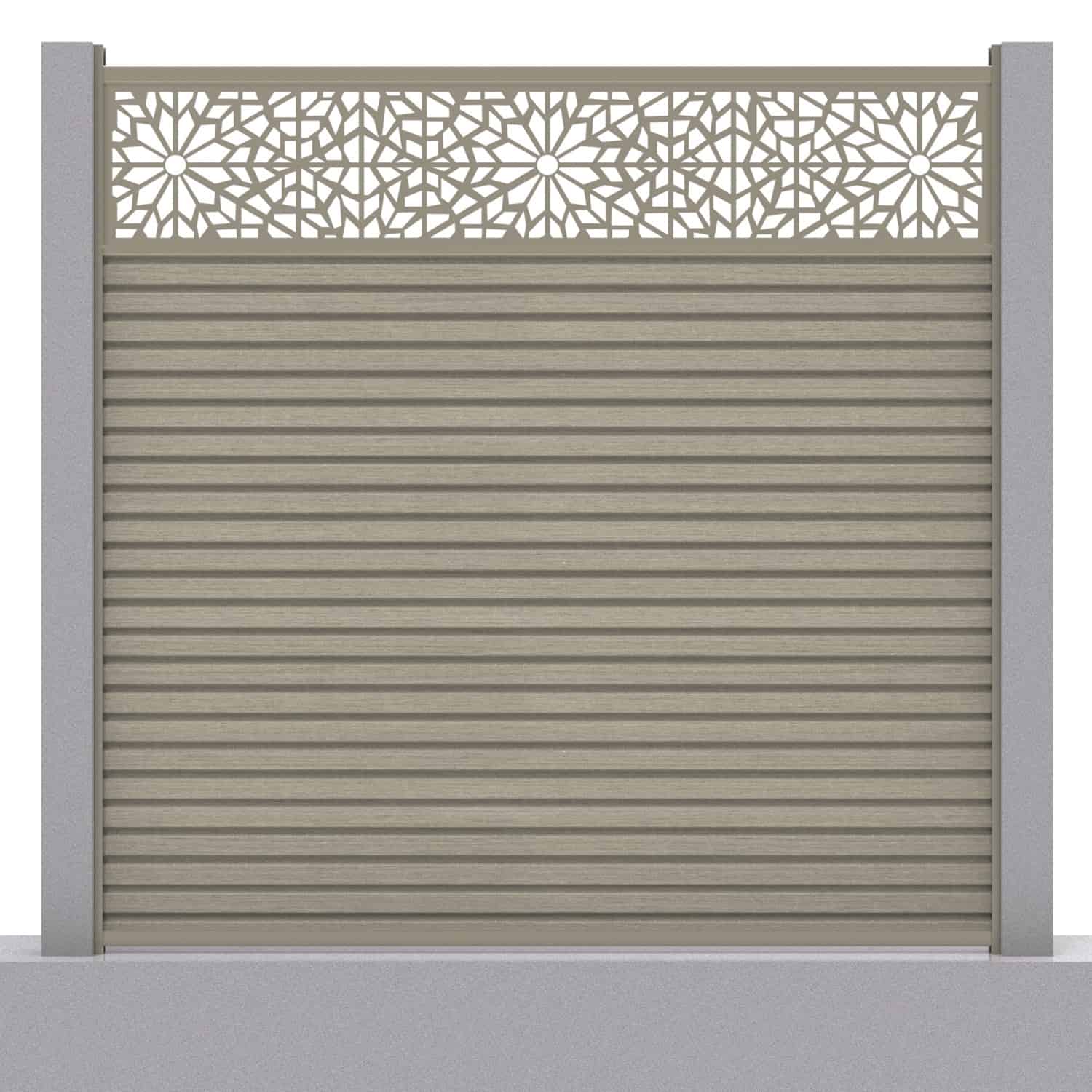 Slatted composite fence panel set - geometric design in antique with concrete post inserts