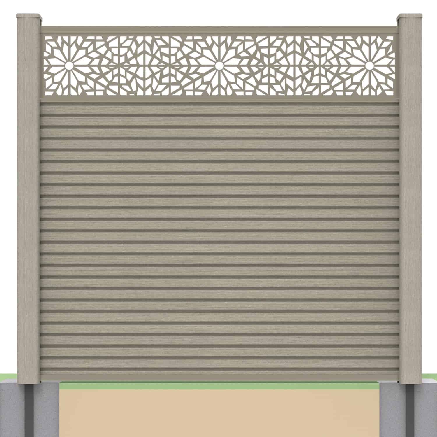 Slatted composite fence panel set - geometric design in antique with soft ground post inserts