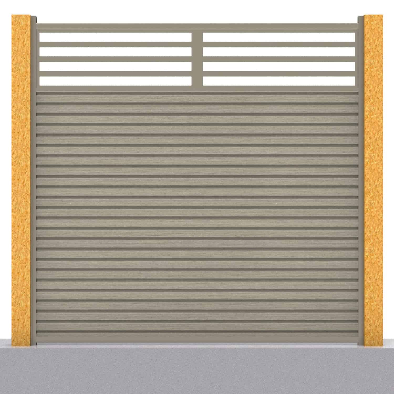 Slatted composite fence panel set - linear design in antique with wooden post inserts