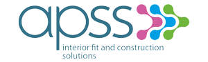 logo of apss interior fit and construction solutions with colourful design elements