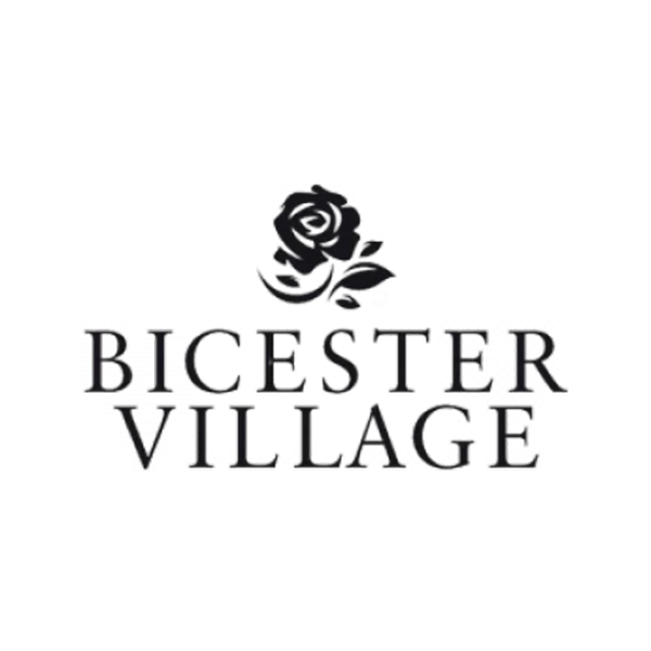 Bicester Village logo with a rose and black lettering on a white background