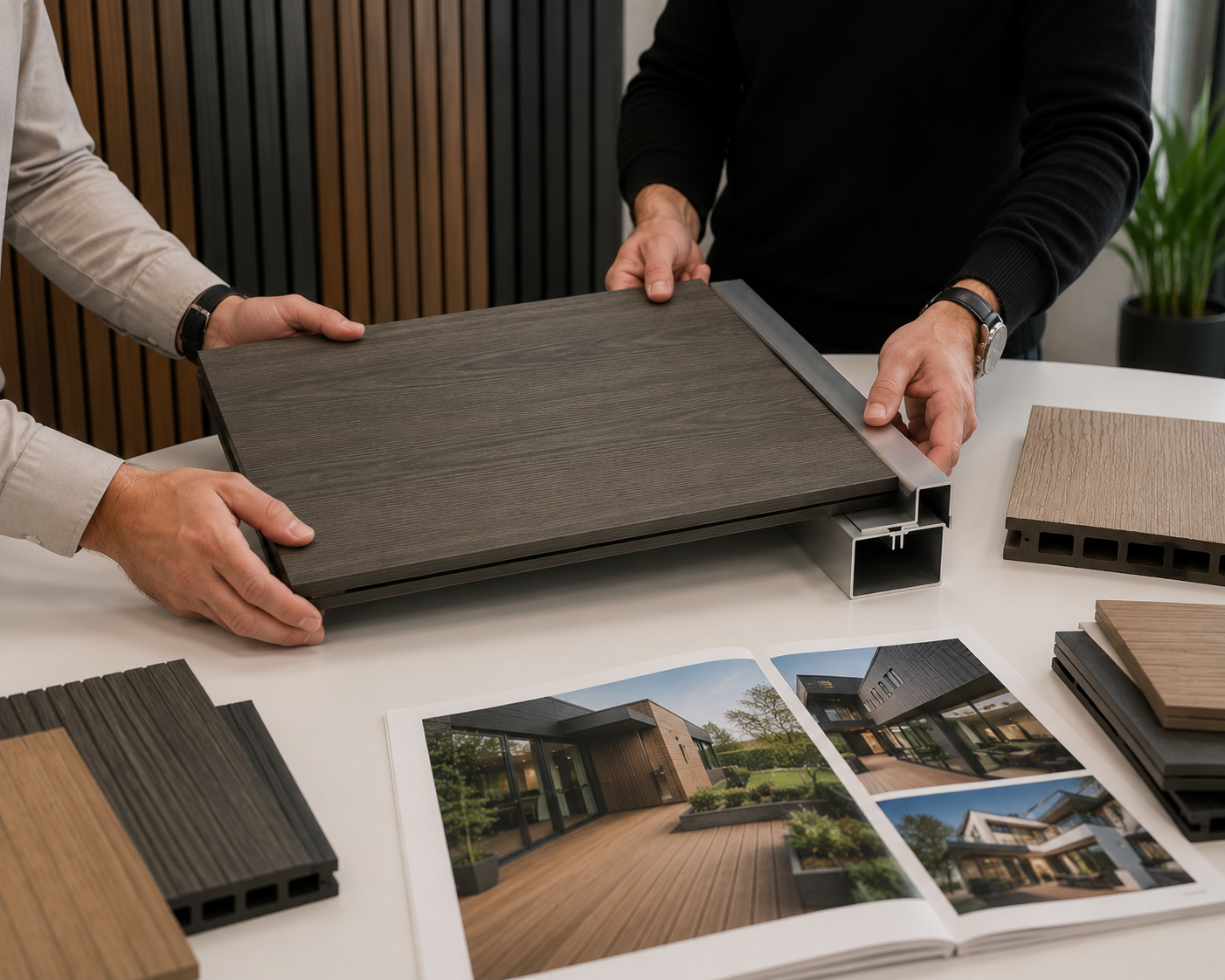 two people examining a composite deck sample with photos of outdoor spaces on a table