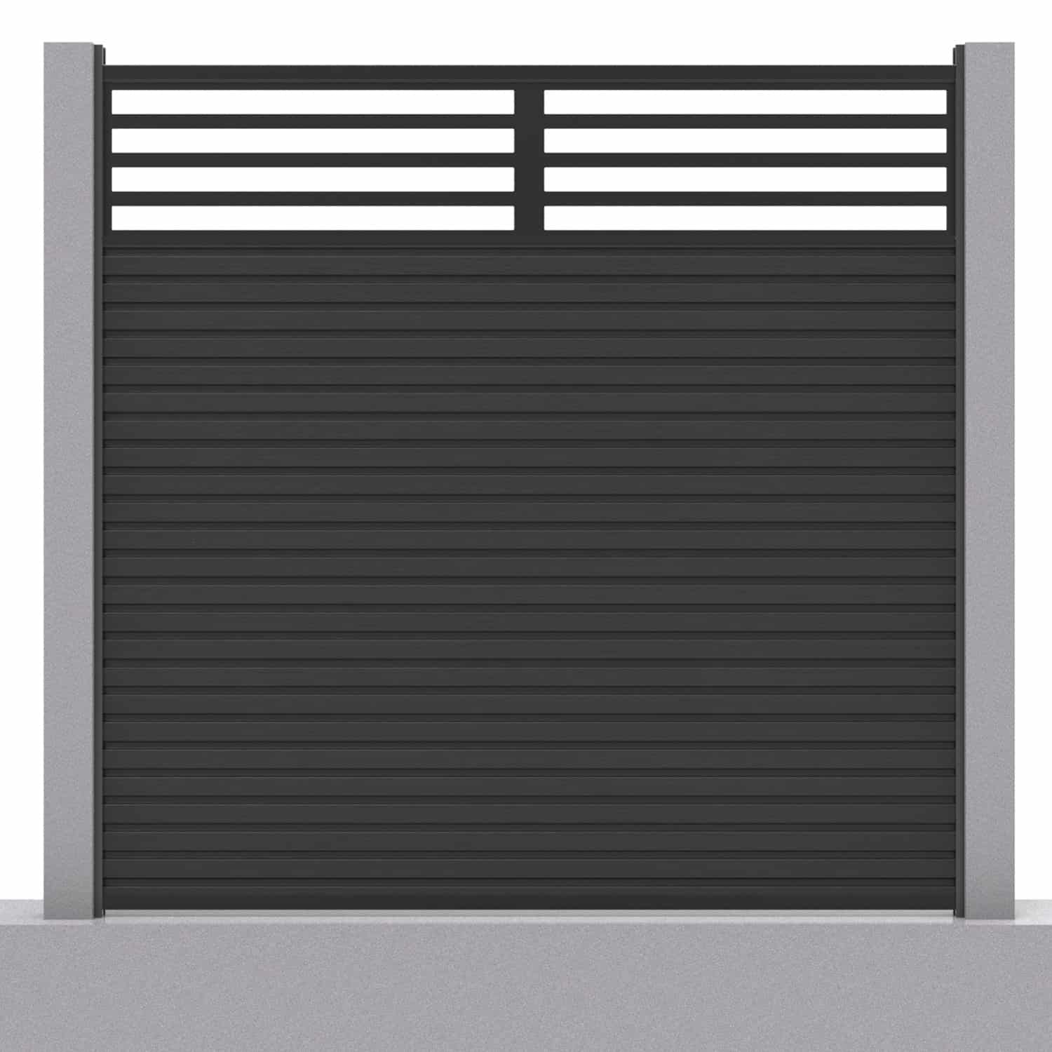 Slatted composite fence panel set - linear design in charcoal with concrete post inserts