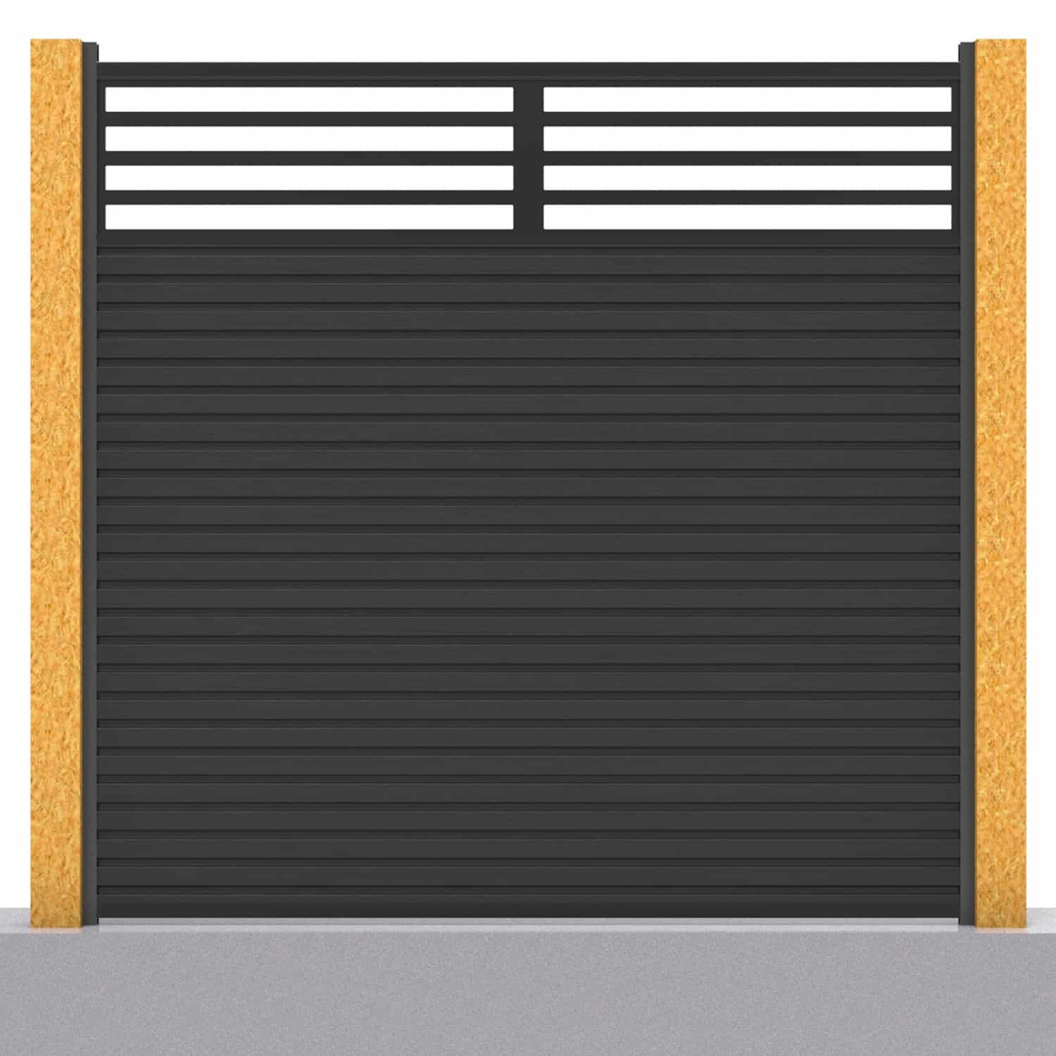 Slatted composite fence panel set - linear design in charcoal with wooden post inserts