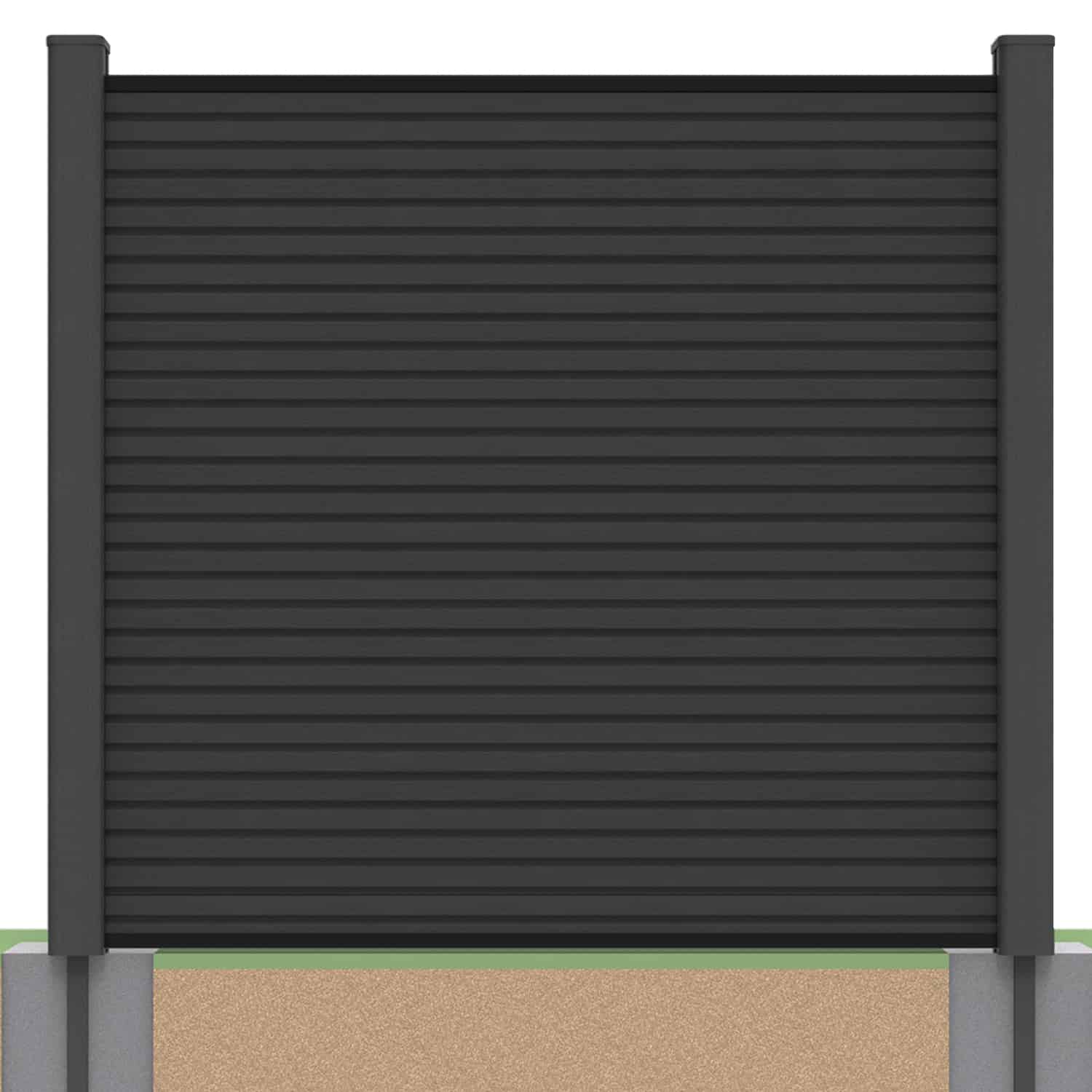 Slatted composite fence panel set in charcoal with soft ground post inserts