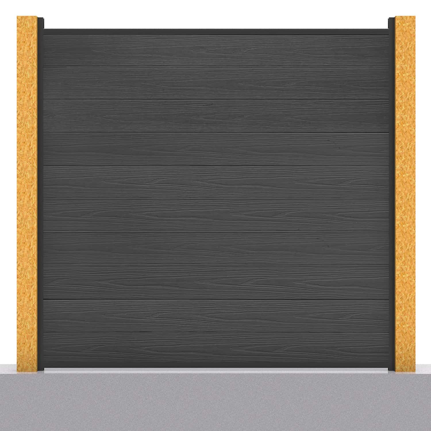 Deluxe composite fence panel set in charcoal with wooden post inserts