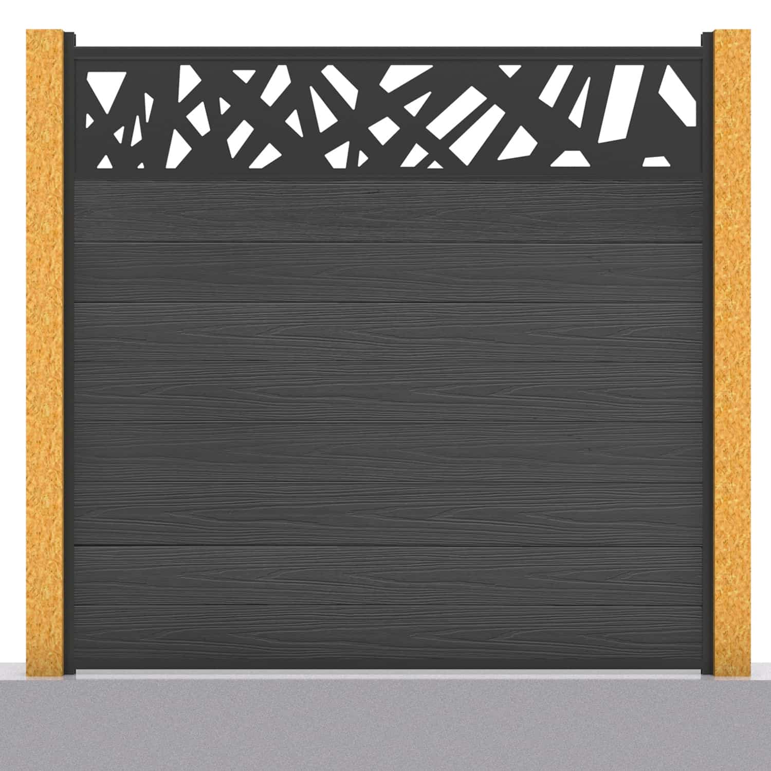 Deluxe composite fence panel set - contemporary design in charcoal with wooden post inserts