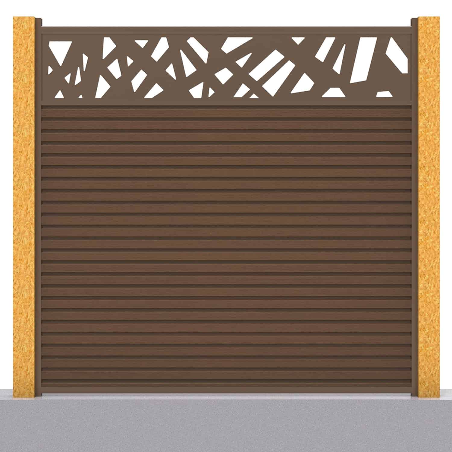 Slatted composite fence panel set - contemporary design in chocolate with wooden post inserts