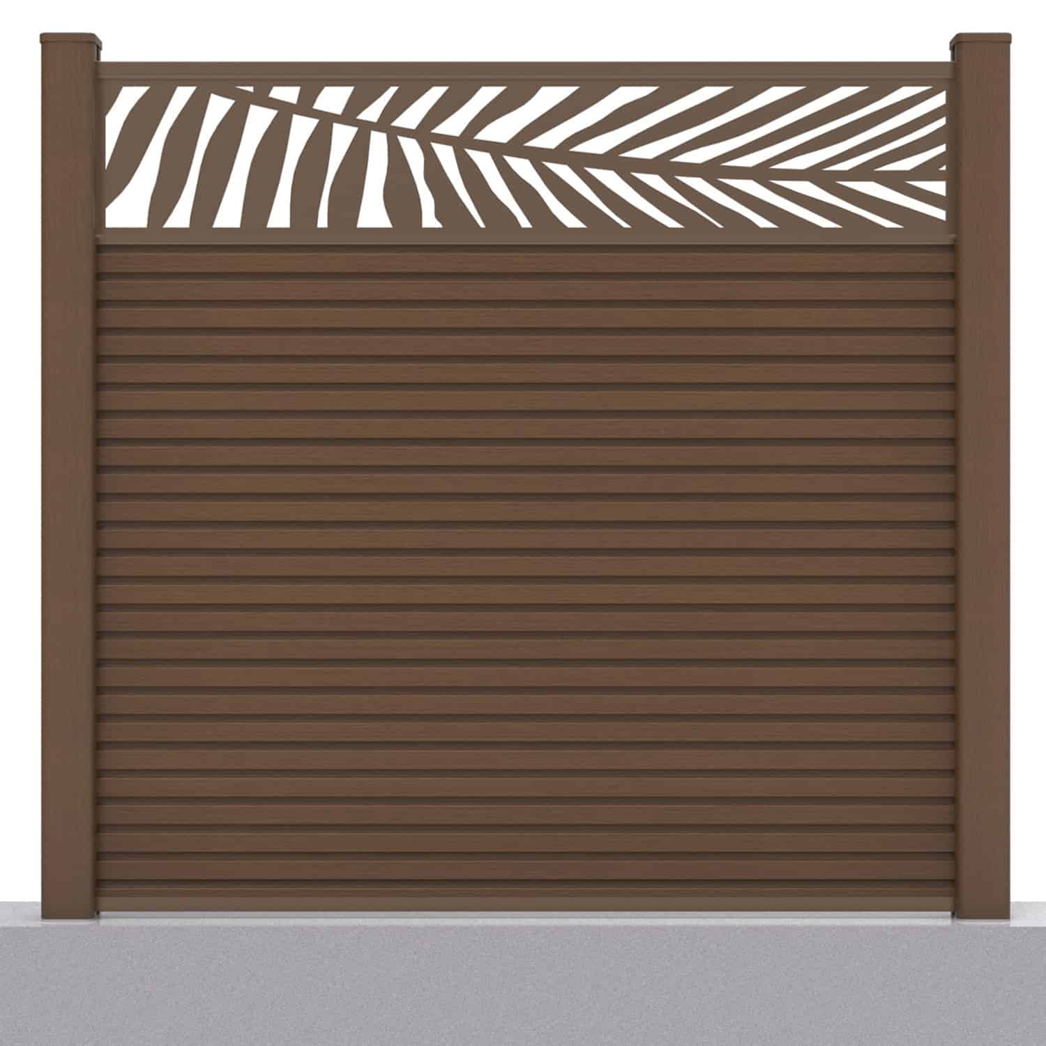 Slatted composite fence panel set - leaf design in chocolate with hard ground post inserts