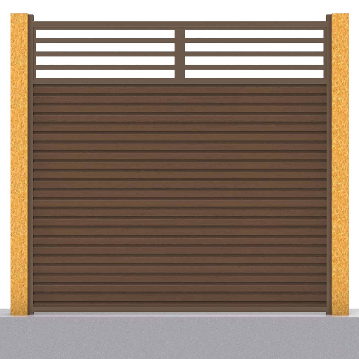 Slatted composite fence panel set - linear design in chocolate with wooden post inserts