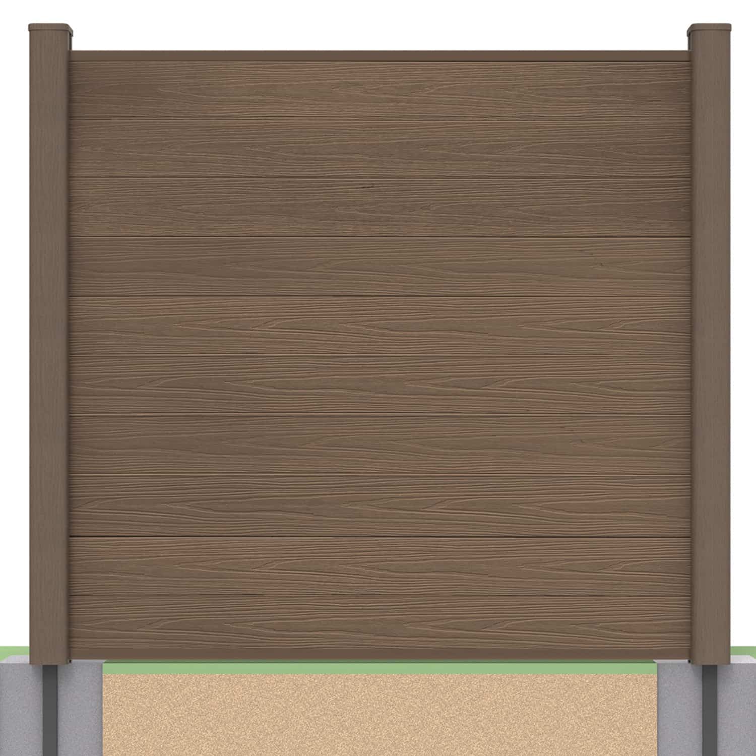 Deluxe composite fence panel set in chocolate with soft ground post inserts