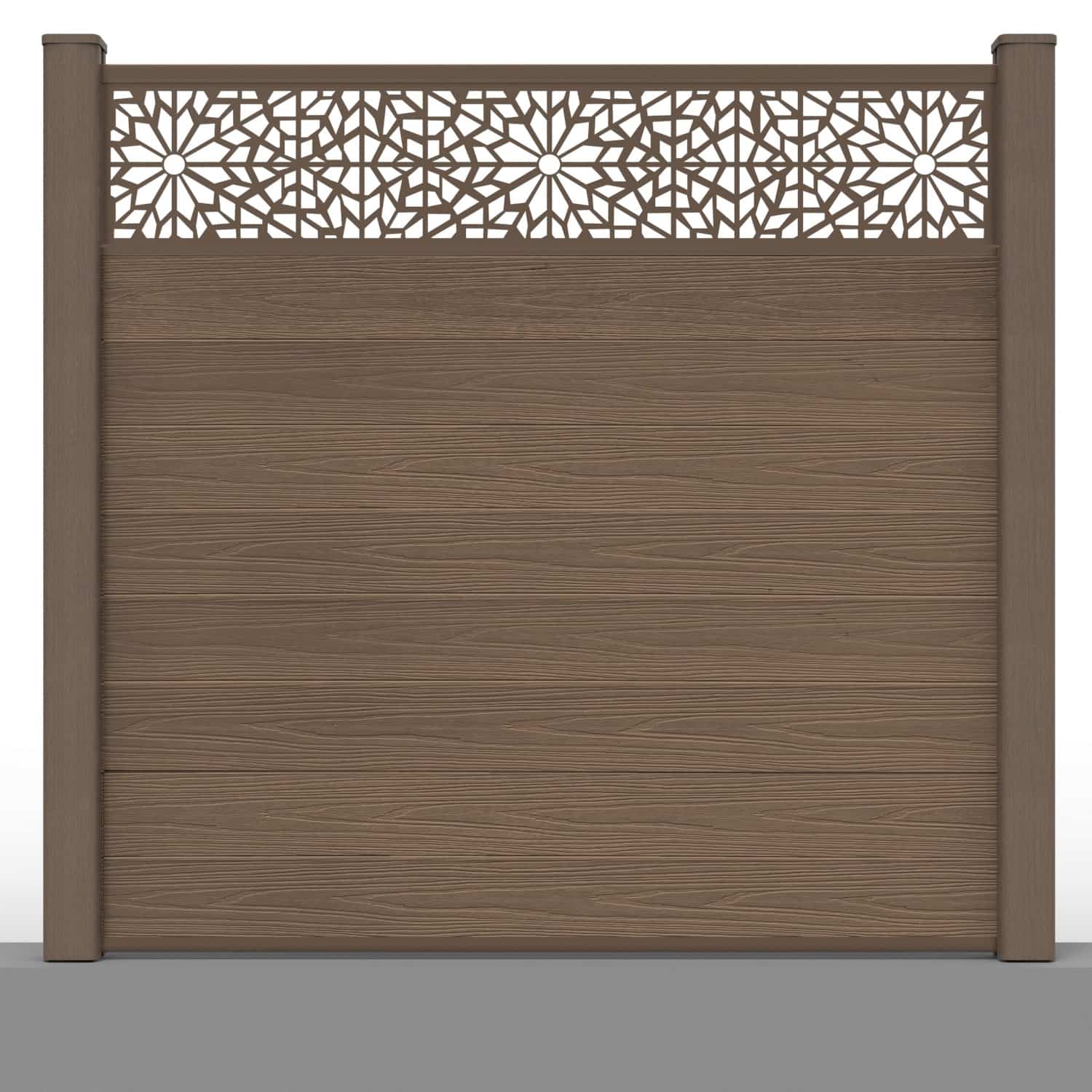 Deluxe composite fence panel set - geometric design in chocolate with hard ground post inserts