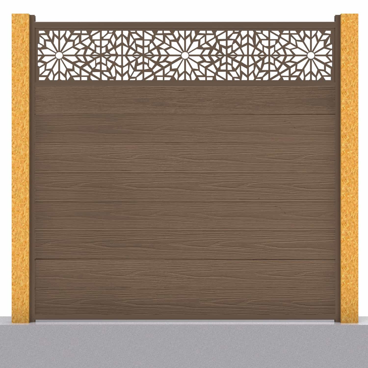 Deluxe composite fence panel set - geometric design in chocolate with wooden post inserts