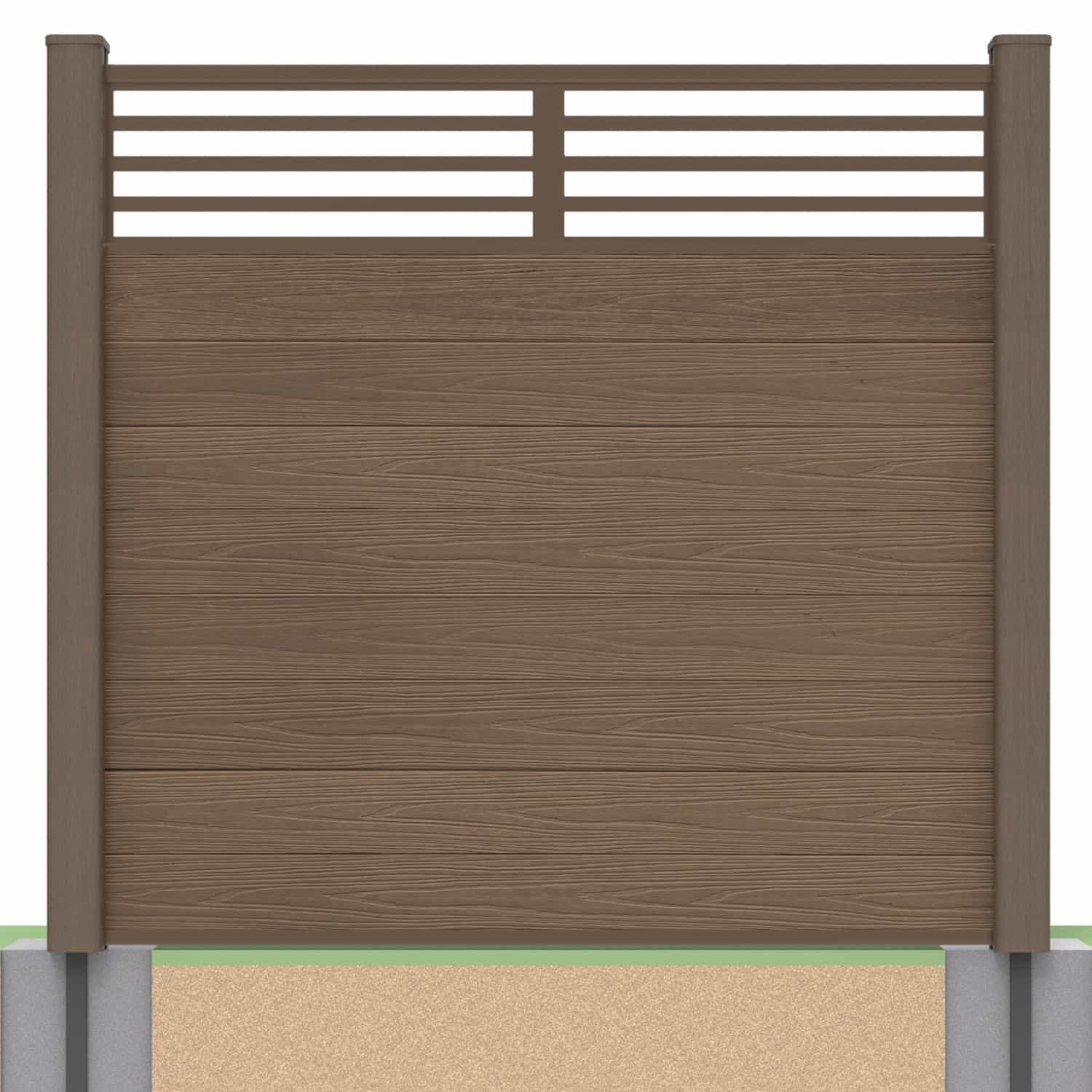 Deluxe composite fence panel set - linear design in chocolate with soft ground post inserts