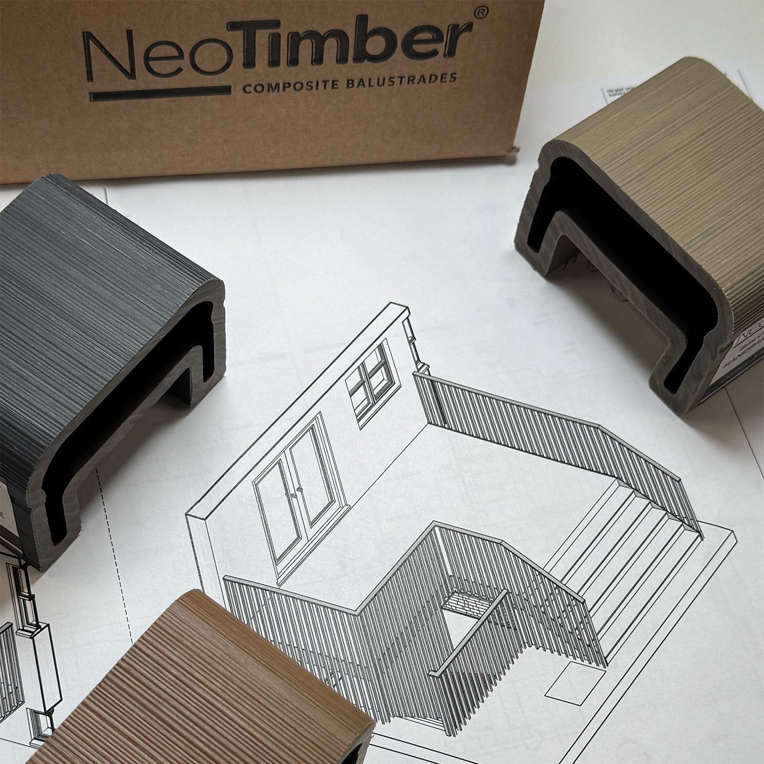neotimber composite balustrade samples on architectural drawings