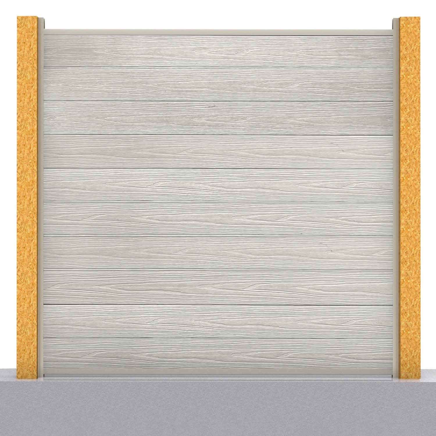 Deluxe composite fence panel set in silver birch with wooden post inserts