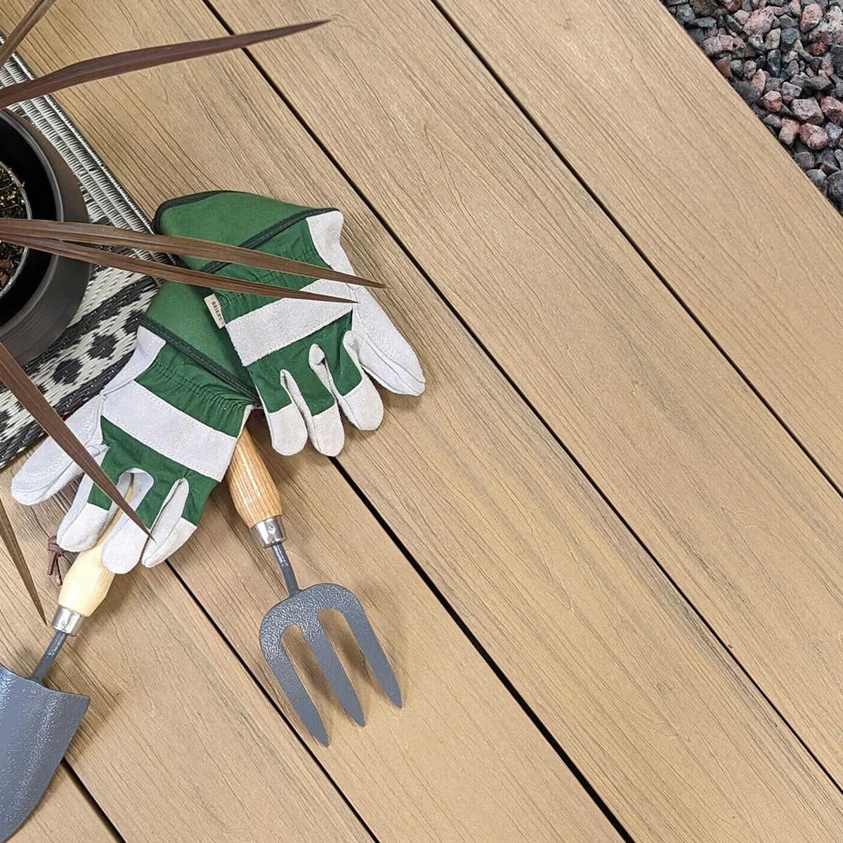 NeoTimber Deluxe Wide Composite Decking Board – Oak – Lifestyle Deck View