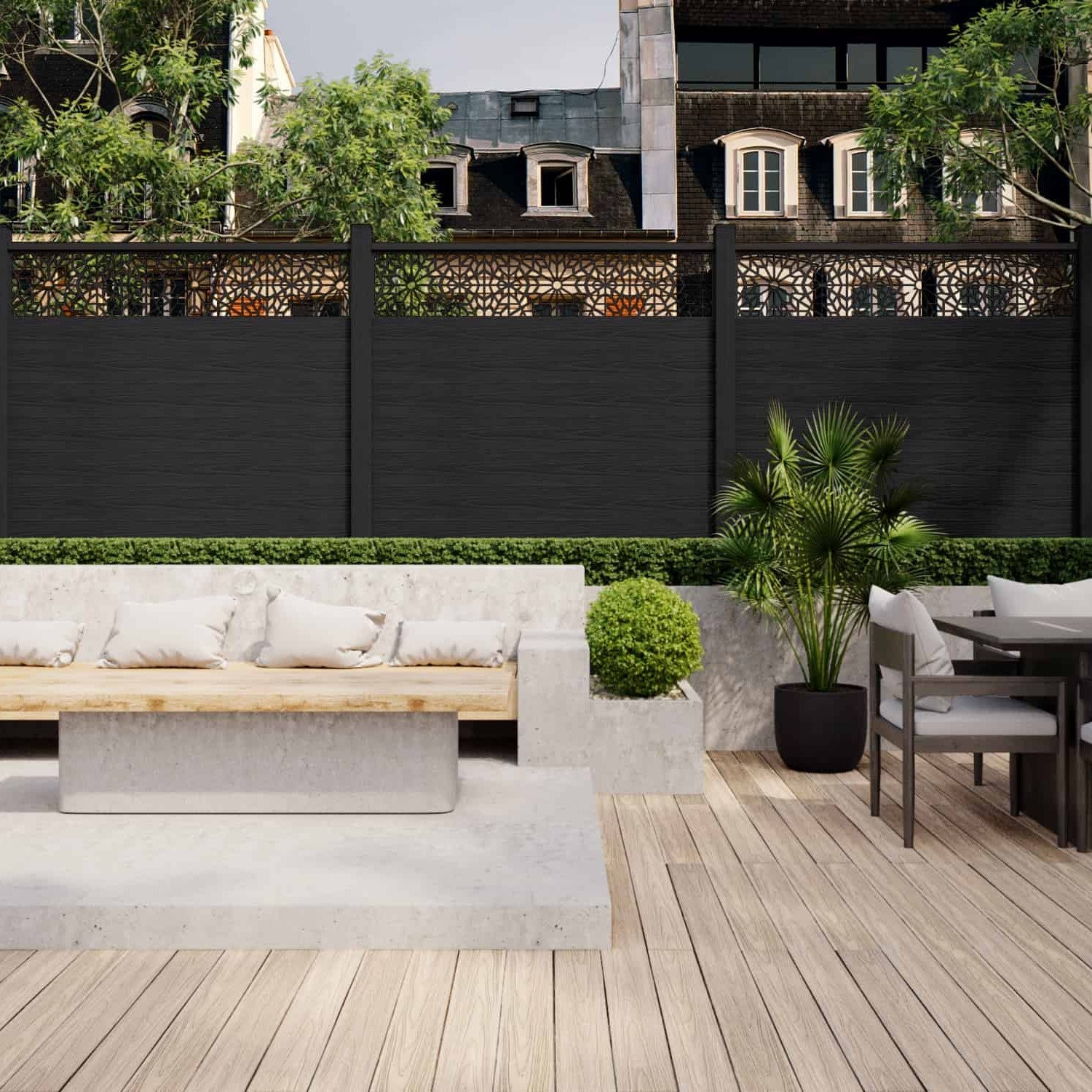 NeoTimber Deluxe Composite Fence Panel Set With Geometric Design – Advanced Capped Composite Protection