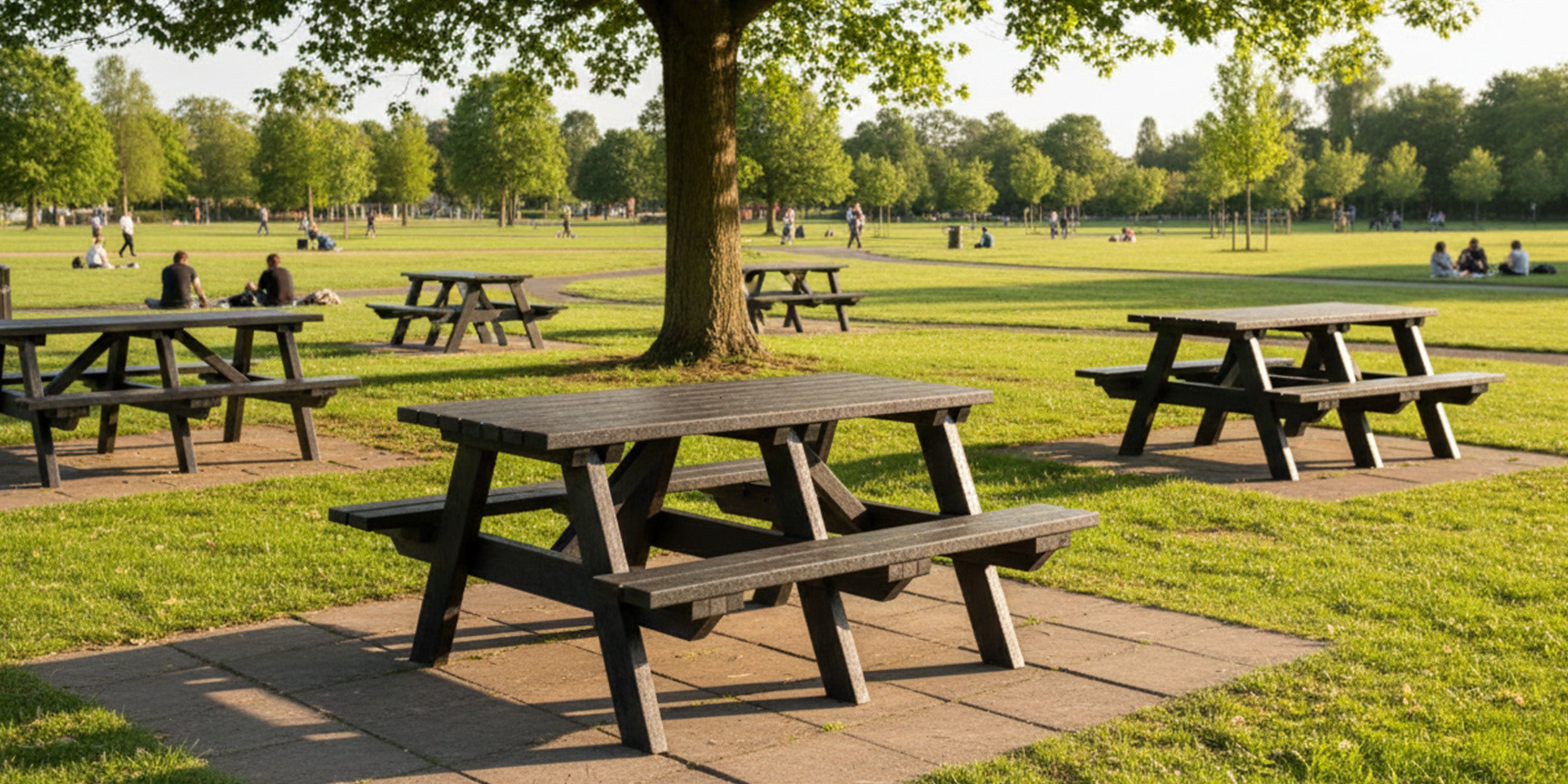 NeoTimber Recylced Plastic Picnic tables in a park with green grass and trees