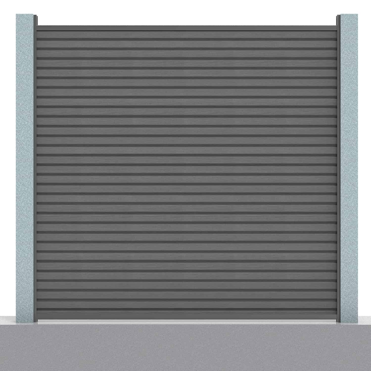 Slatted composite fence panel set in grey with concrete post inserts