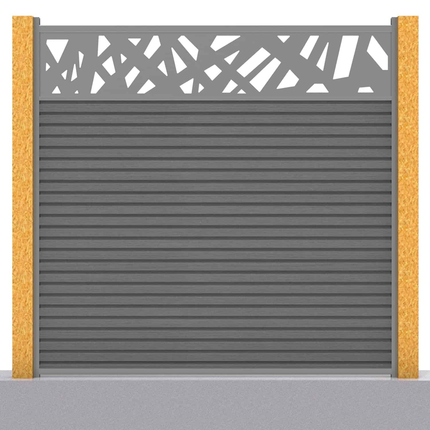 Slatted composite fence panel set - contemporary design in grey with wooden post inserts