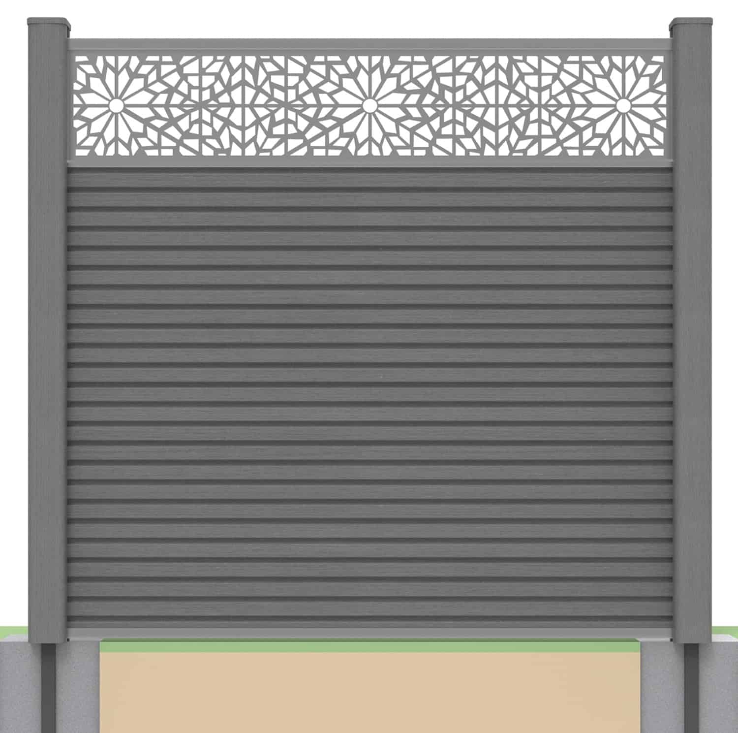 Slatted composite fence panel set - geometric design in grey with soft ground post inserts