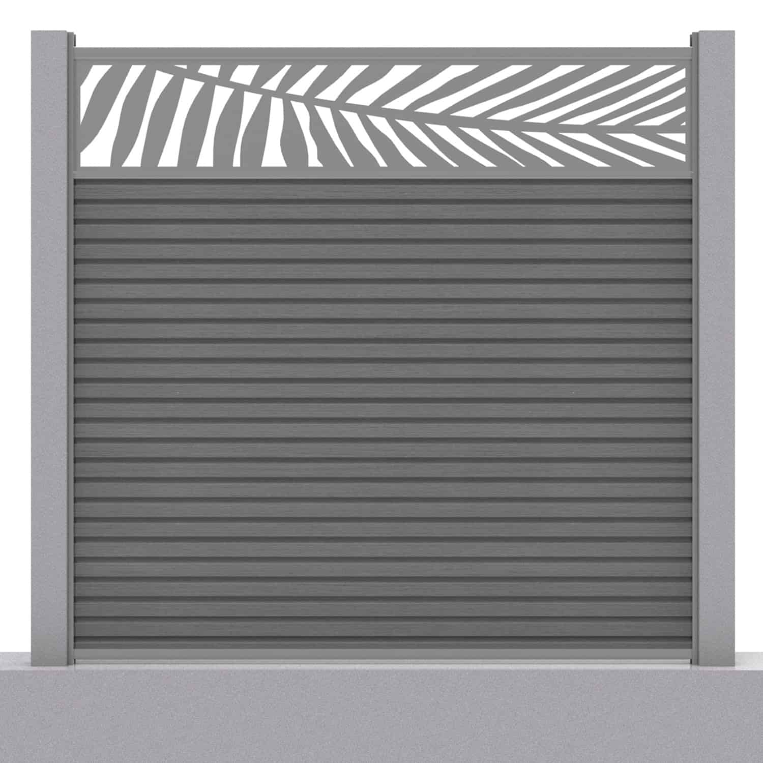 Slatted composite fence panel set - leaf design in grey with concrete post inserts