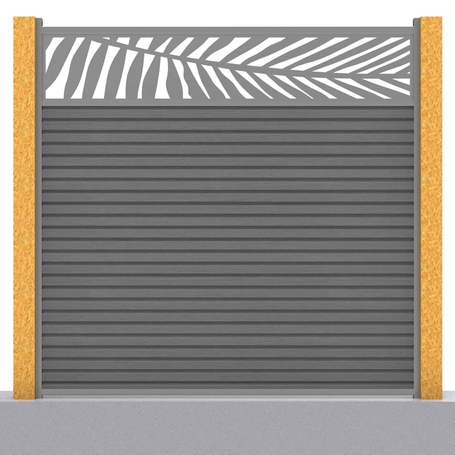 Slatted composite fence panel set - leaf design in grey with wooden post inserts