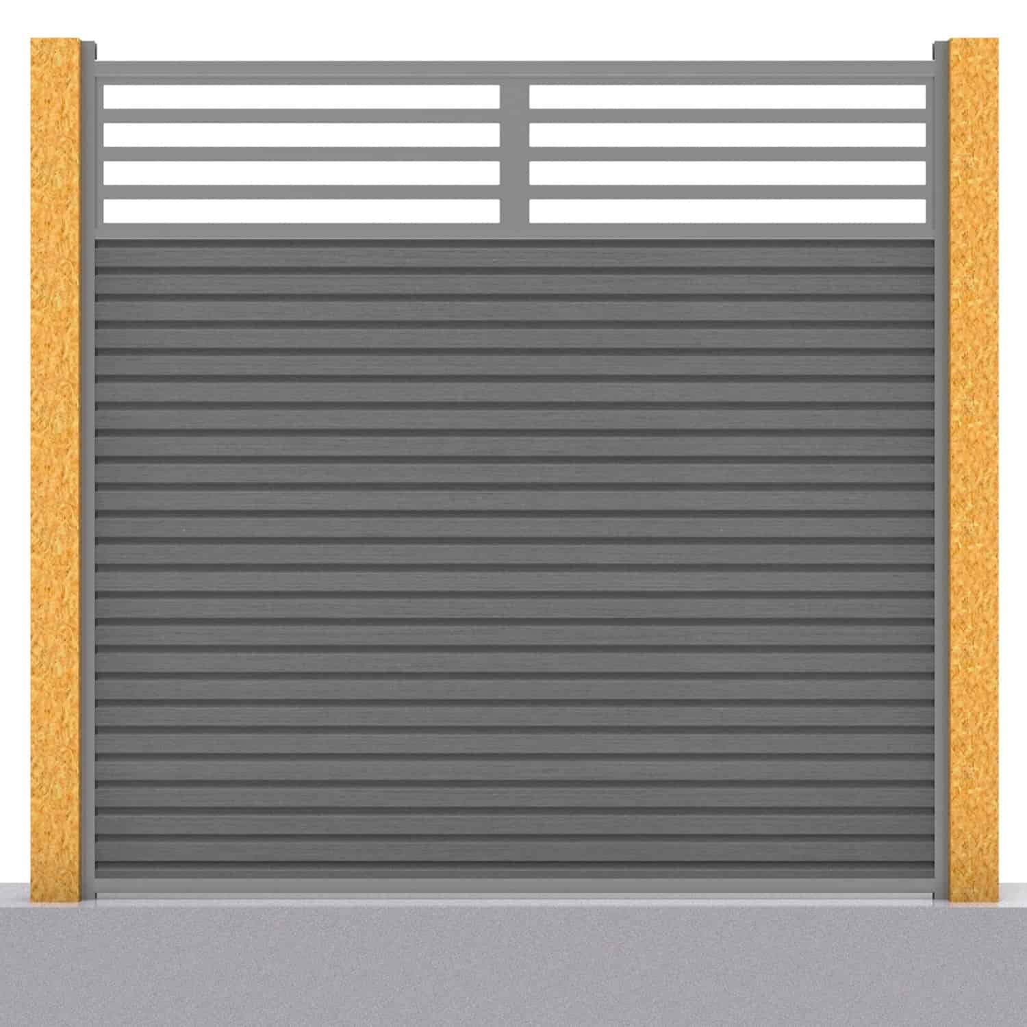 Slatted composite fence panel set - linear design in grey with wooden post inserts