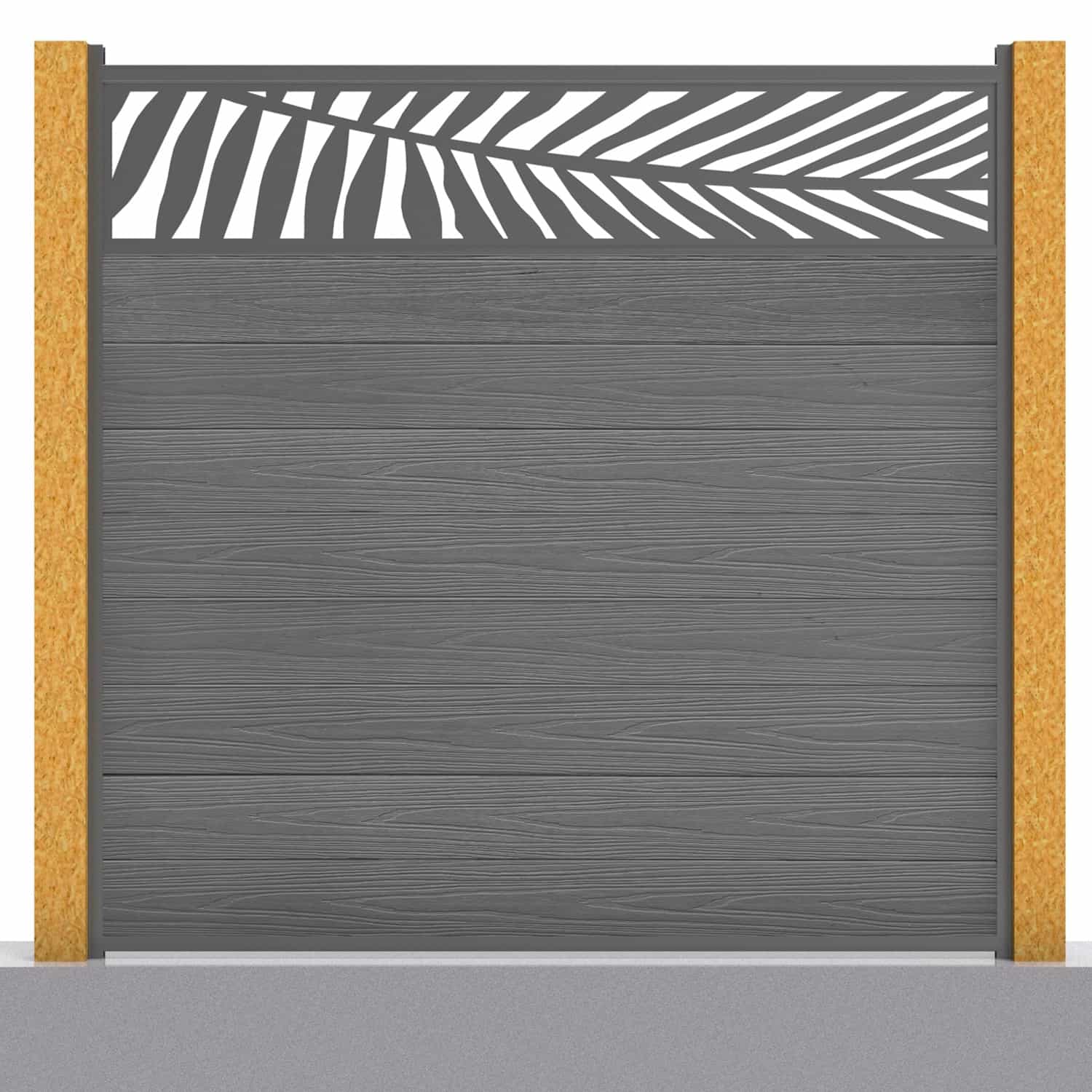 Deluxe composite fence panel set - leaf design in grey with wooden post inserts
