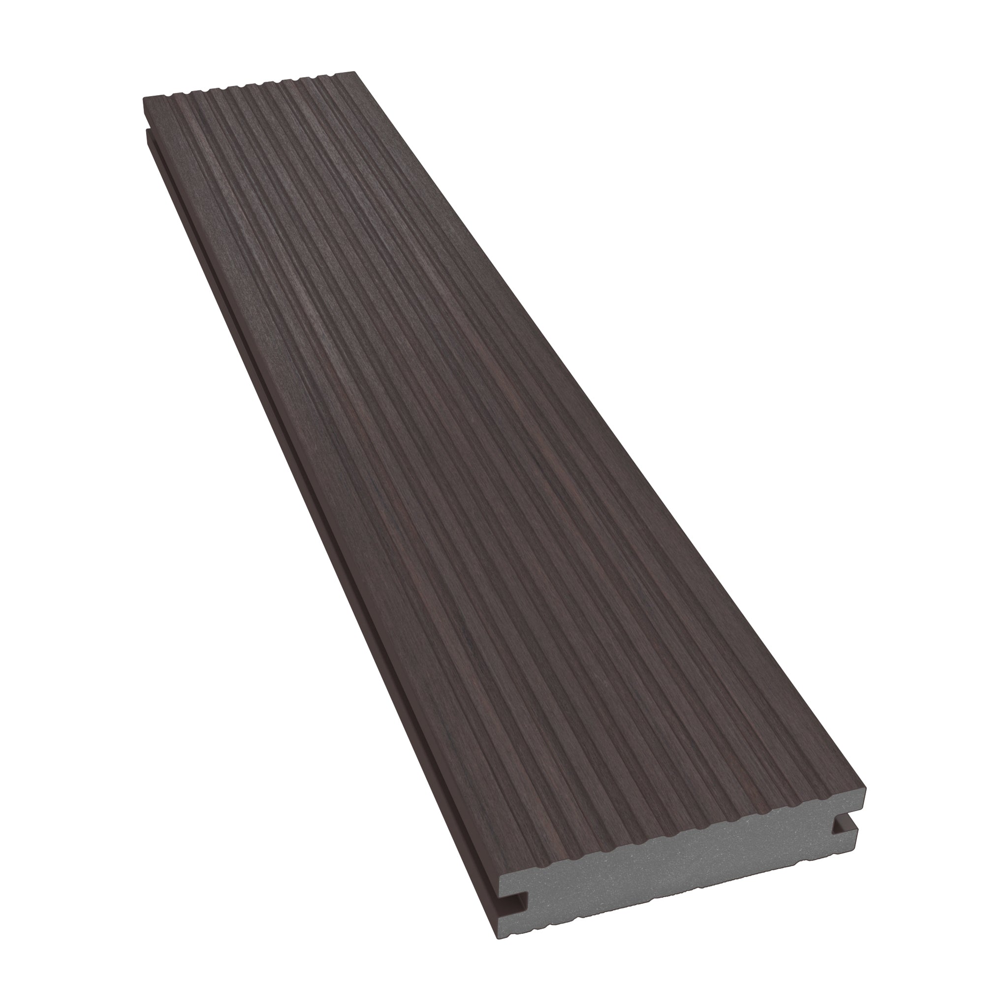 NeoTimber Deluxe Narrow Composite Deck Board – Chocolate – Angled Close Up - Grooved