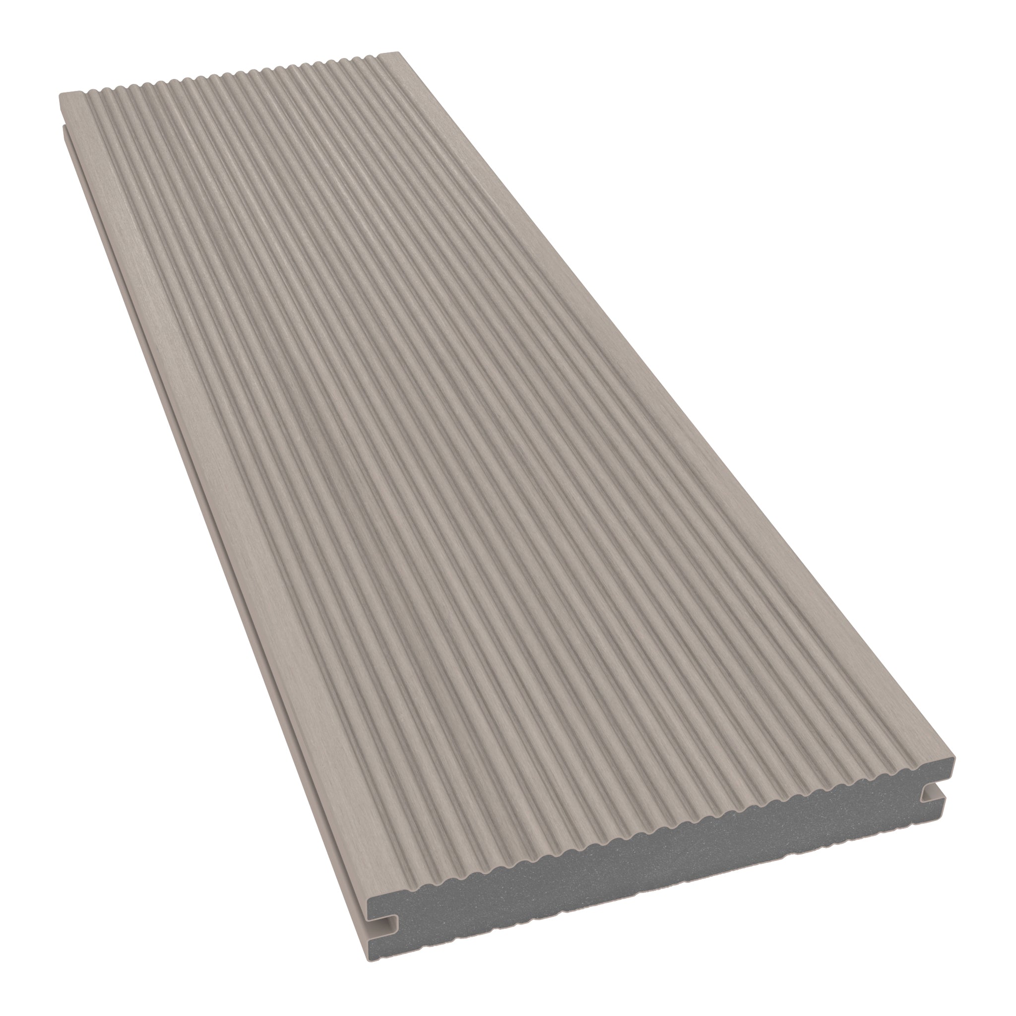 NeoTimber Deluxe Solid Composite Deck Board – Ash White – Angled Close-Up - Grooved