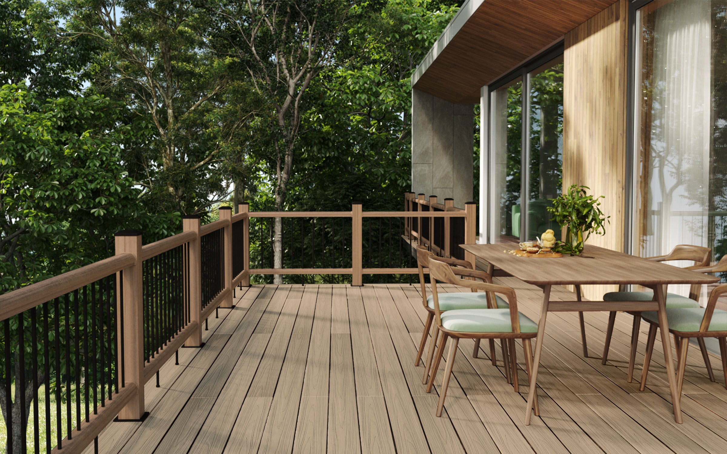 spacious composite decking area with coordinating balustrades, creating a stylish outdoor dining space alongside a modern home