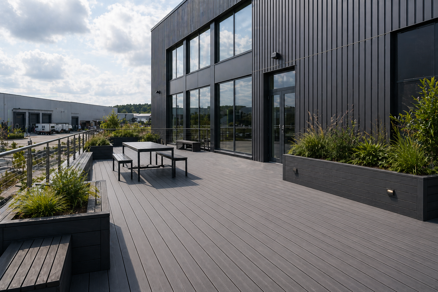 modern building with a rooftop composite deck featuring outdoor furniture and greenery