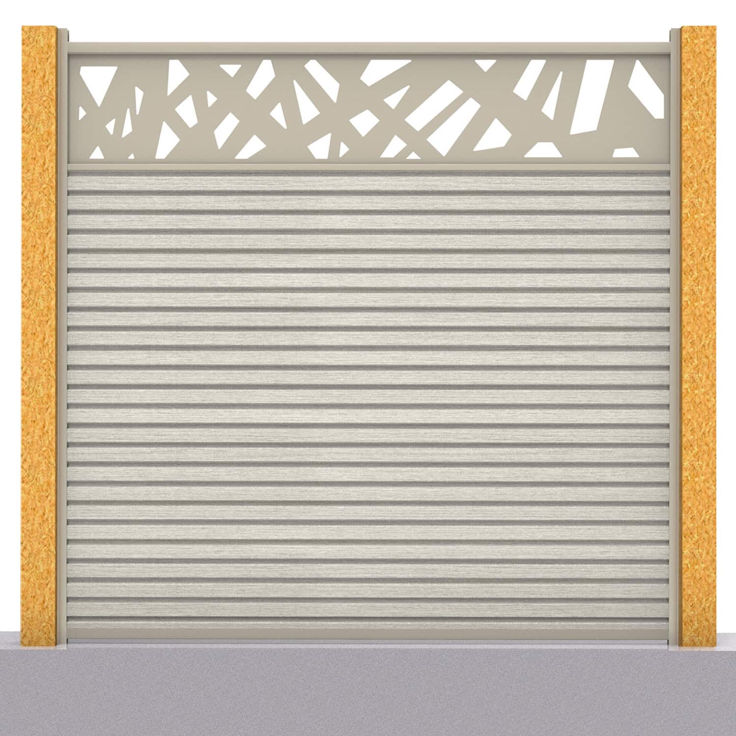 Slatted composite fence panel set - contemporary design in ash white with wooden post inserts