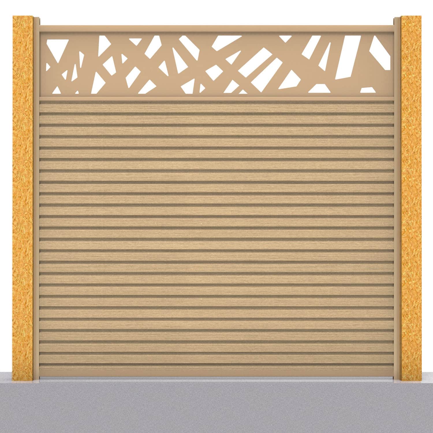 Slatted composite fence panel set - contemporary design in oak with wooden post inserts