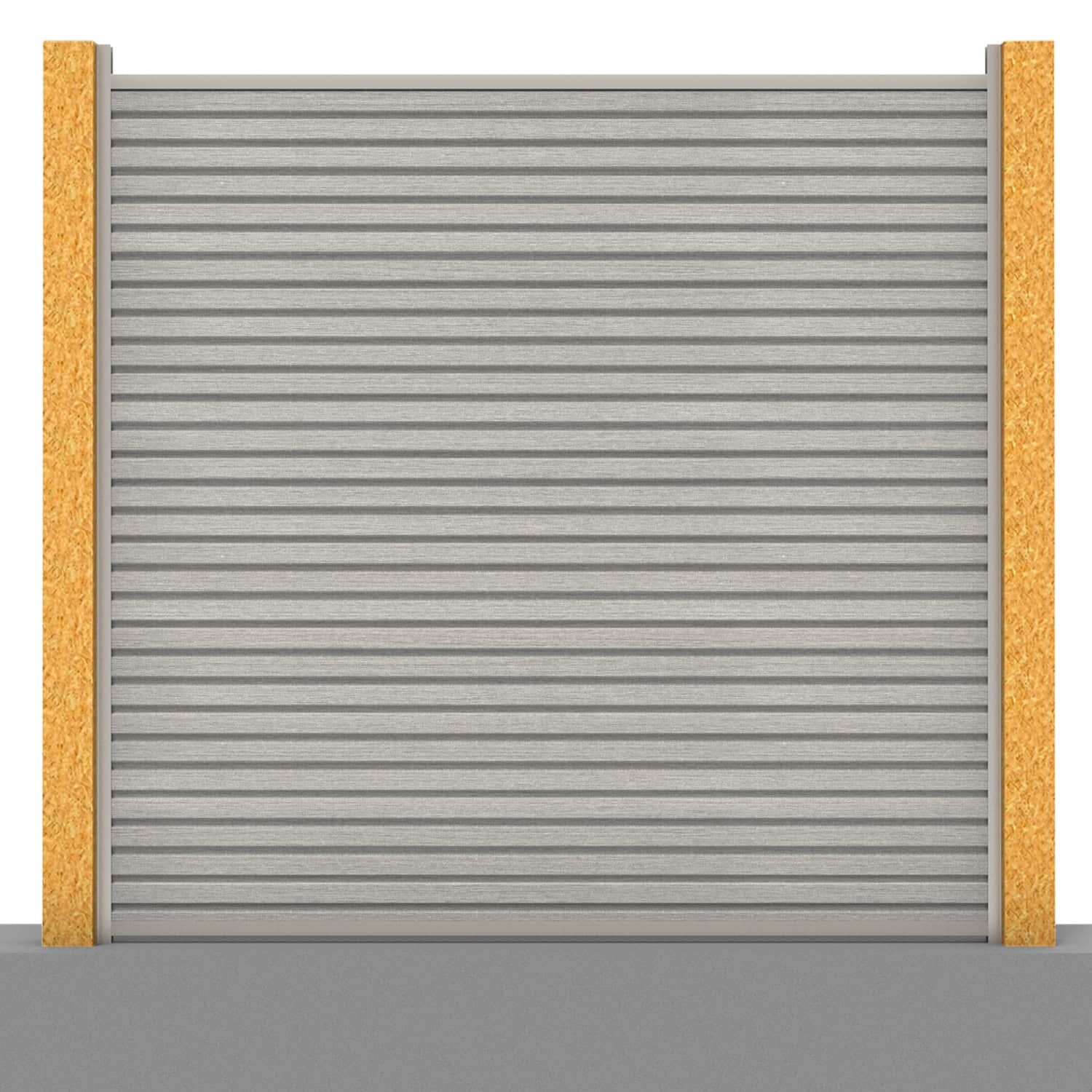 Slatted composite fence panel set in silver birch with wooden post inserts