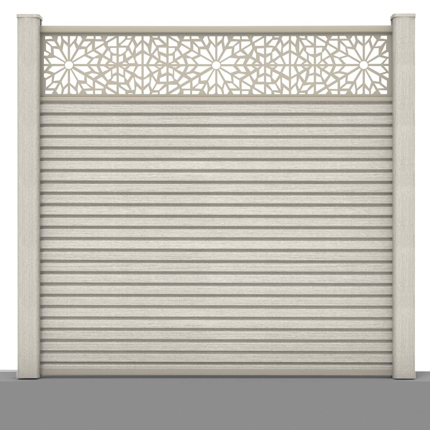 Slatted composite fence panel set - geometric design in ash white with hard ground post inserts