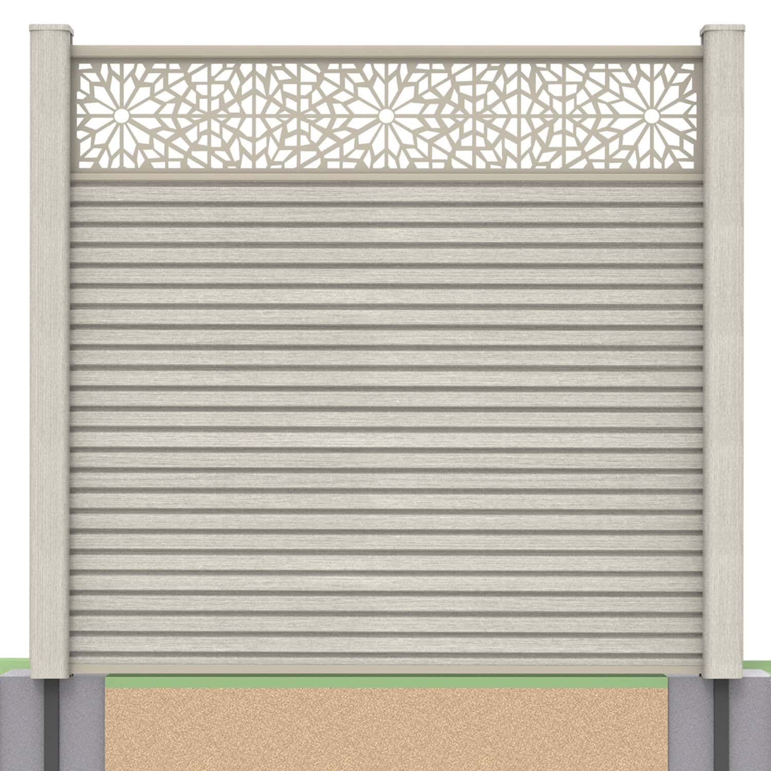 Slatted composite fence panel set - geometric design in ash white with soft ground post inserts