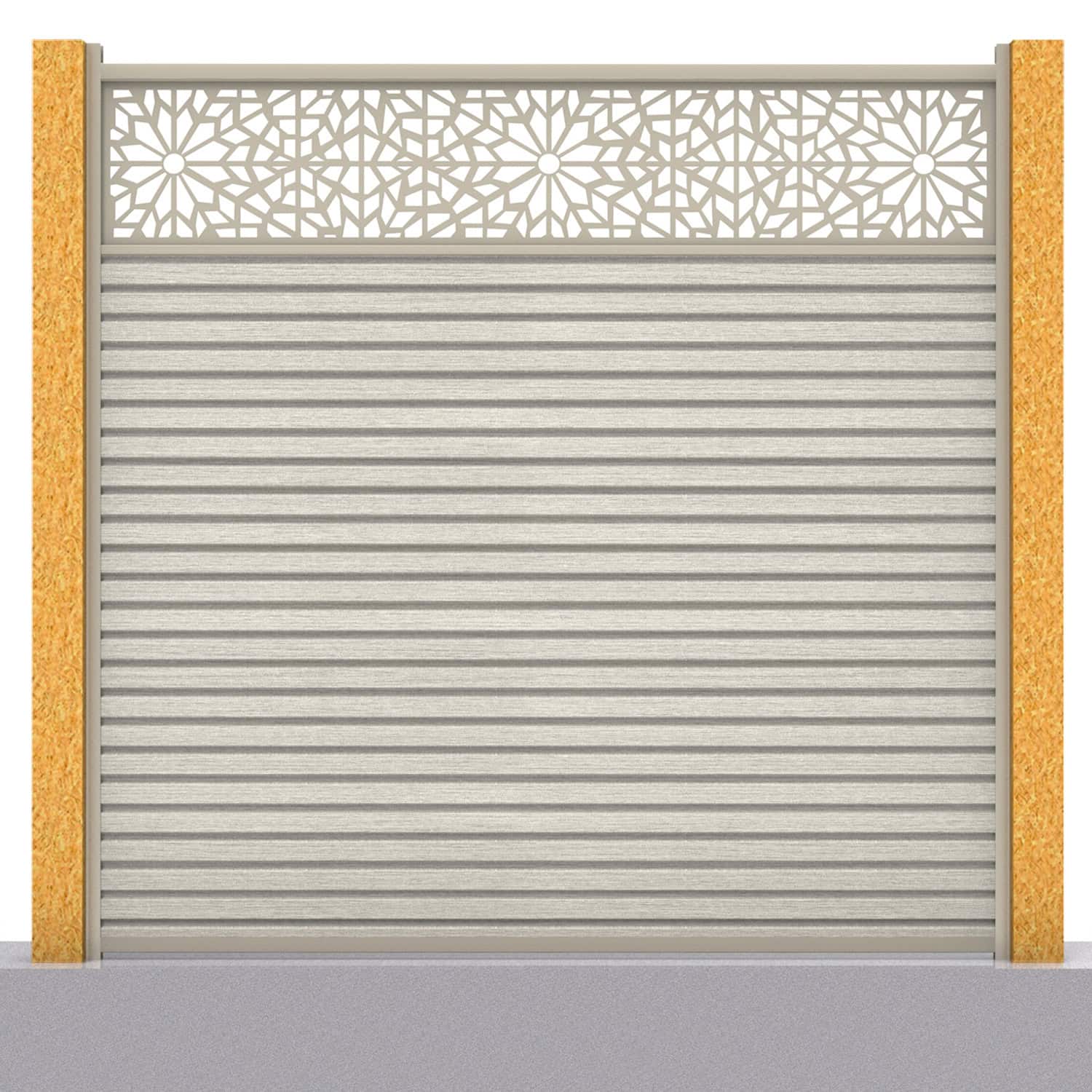 Slatted composite fence panel set - geometric design in ash white with wooden post inserts