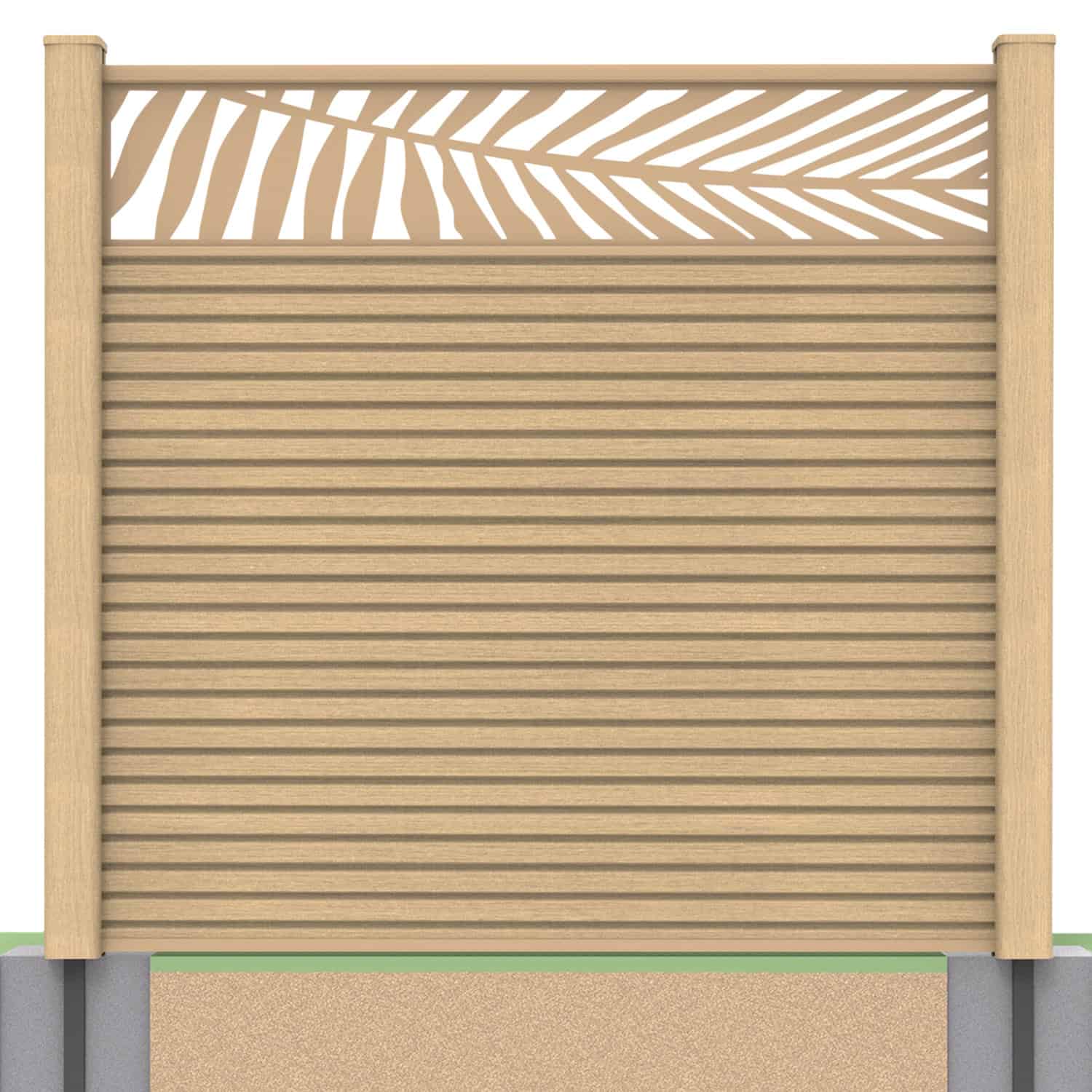 Slatted composite fence panel set - leaf design in oak with soft ground post inserts