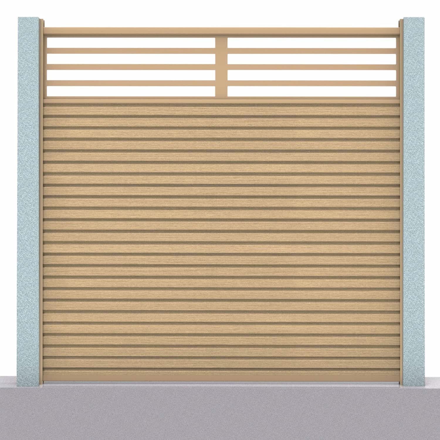 Slatted composite fence panel set - linear design in oak with concrete post inserts