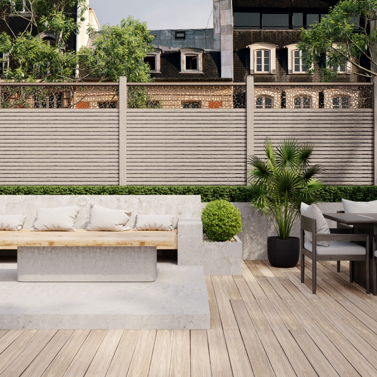 NeoTimber® Slatted Composite Fence Panel Set with Geometric Screen – No Painting or Staining Required