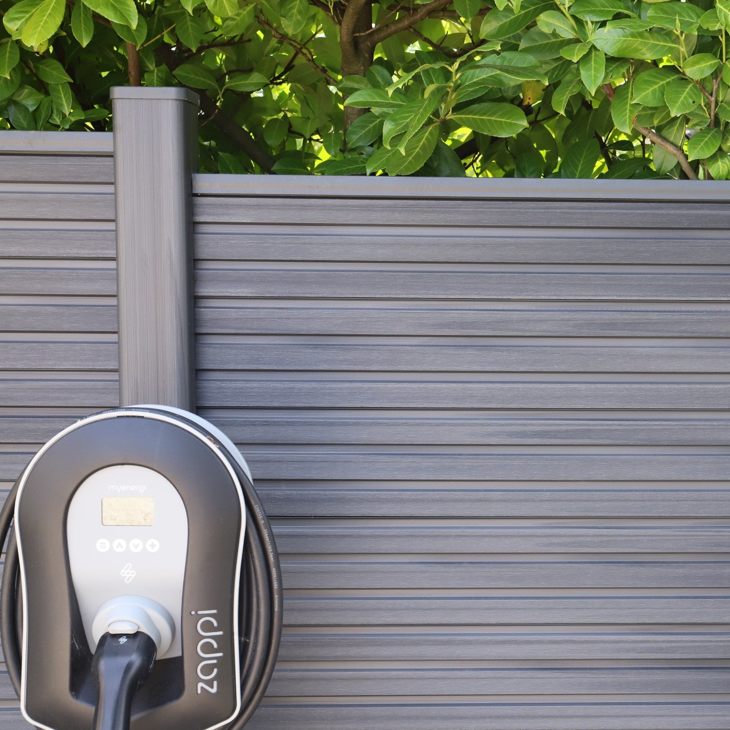 NeoTimber® Slatted Composite Fence Panel Set with Geometric Screen – Multiple Fence Post Options
