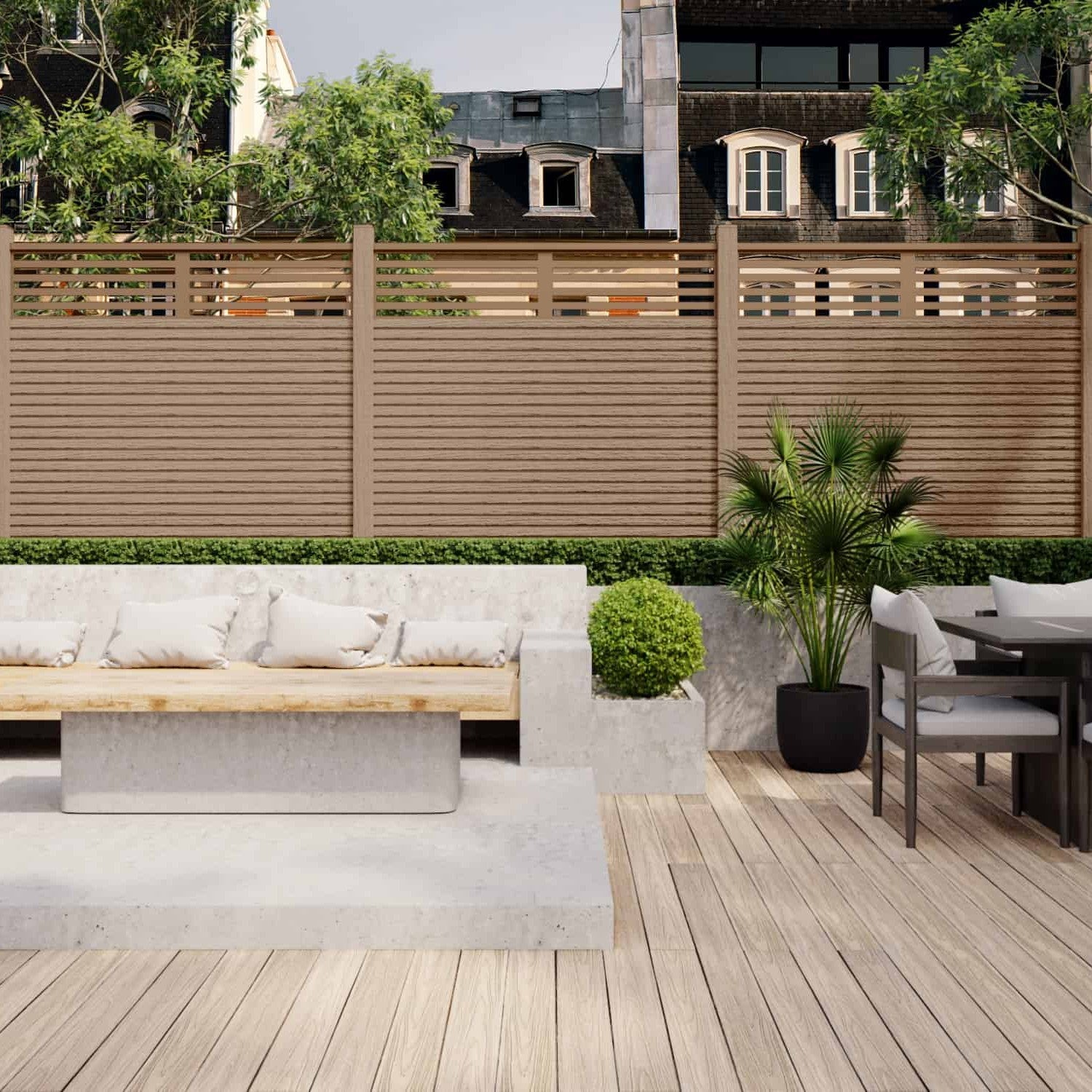 NeoTimber® Slatted Composite Fence Panel Set with Linear Screen – Capped Composite Materials