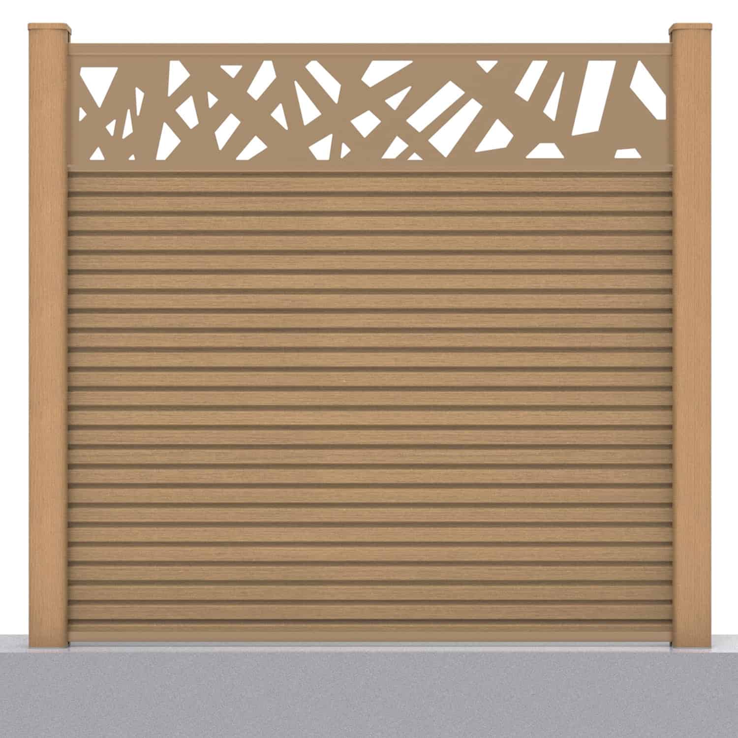 Slatted composite fence panel set - contemporary design in teak with hard ground post inserts