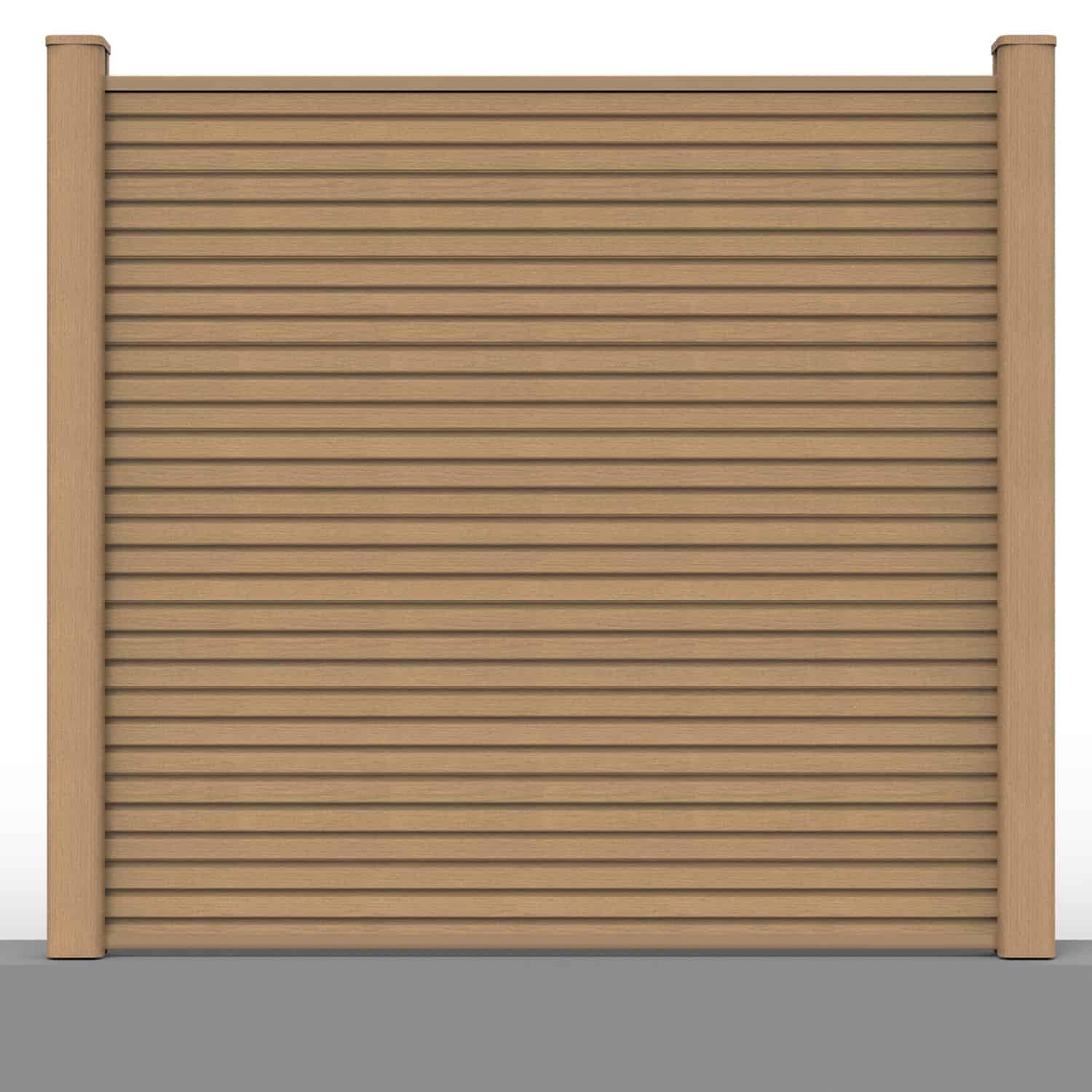 Slatted composite fence panel set in teak with hard ground post inserts