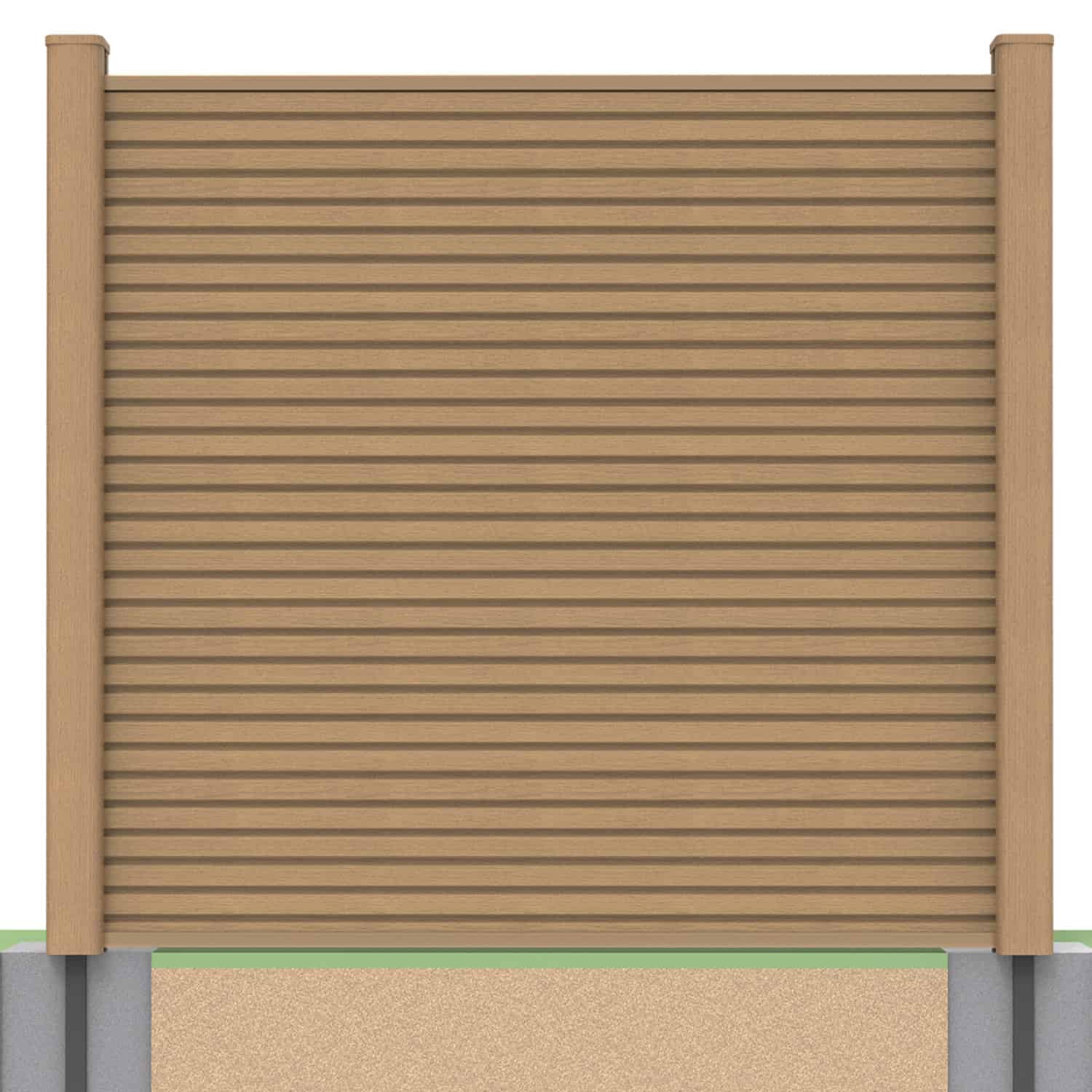 Slatted composite fence panel set in teak with soft ground post inserts